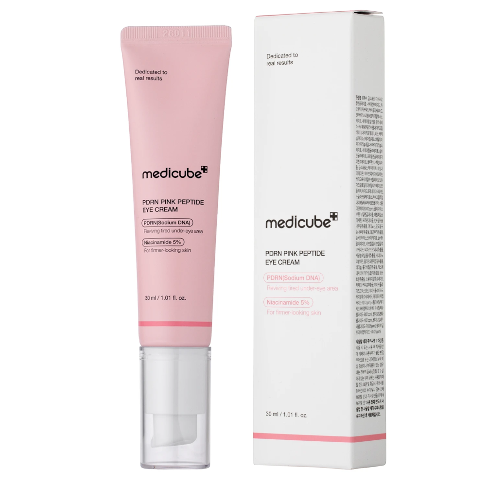 Skin TOGO Medicube PDRN Pink Peptide Eye Cream tube and packaging box for firming and brightening the eye area.