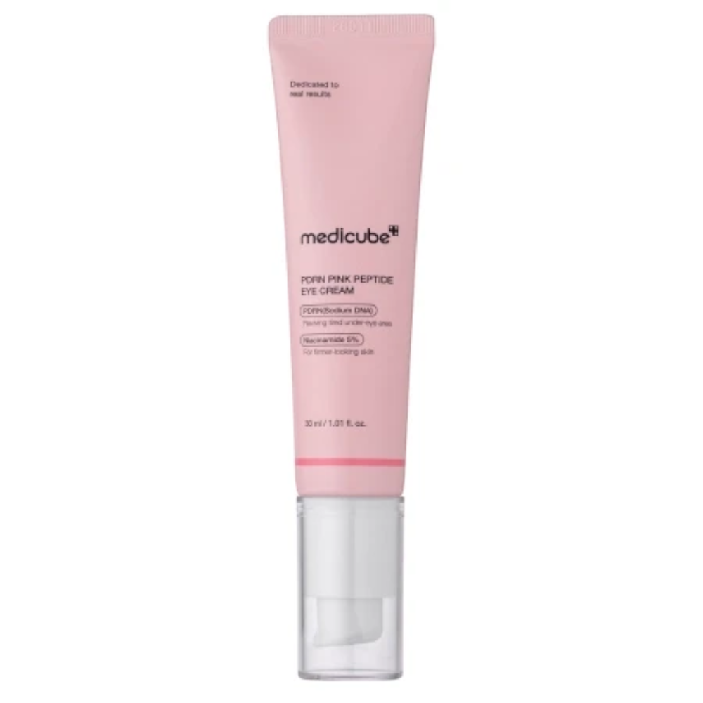 Skin TOGO Medicube PDRN Pink Peptide Eye Cream in a light pink 30ml tube for firming and smoothing under-eye skin.