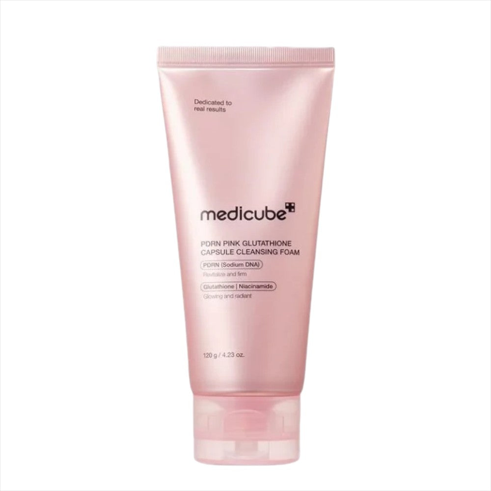 Skin TOGO Medicube PDRN Pink Glutathione Capsule Cleansing Foam in a soft pink 120g tube for radiant skin.