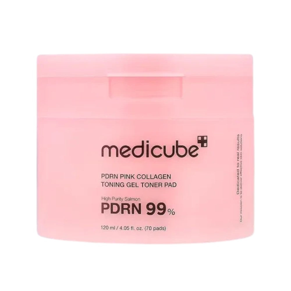 Skin TOGO Medicube PDRN Pink Collagen Toning Gel Toner Pad jar containing 70 hydrating skincare pads.