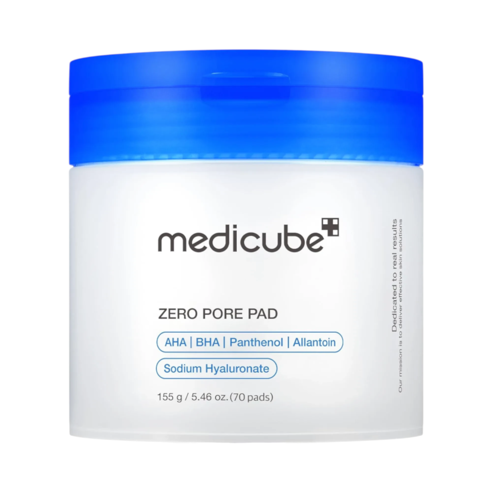 Skin TOGO Medicube Zero Pore Pad jar with blue lid, containing 70 exfoliating toner pads for pore refinement.