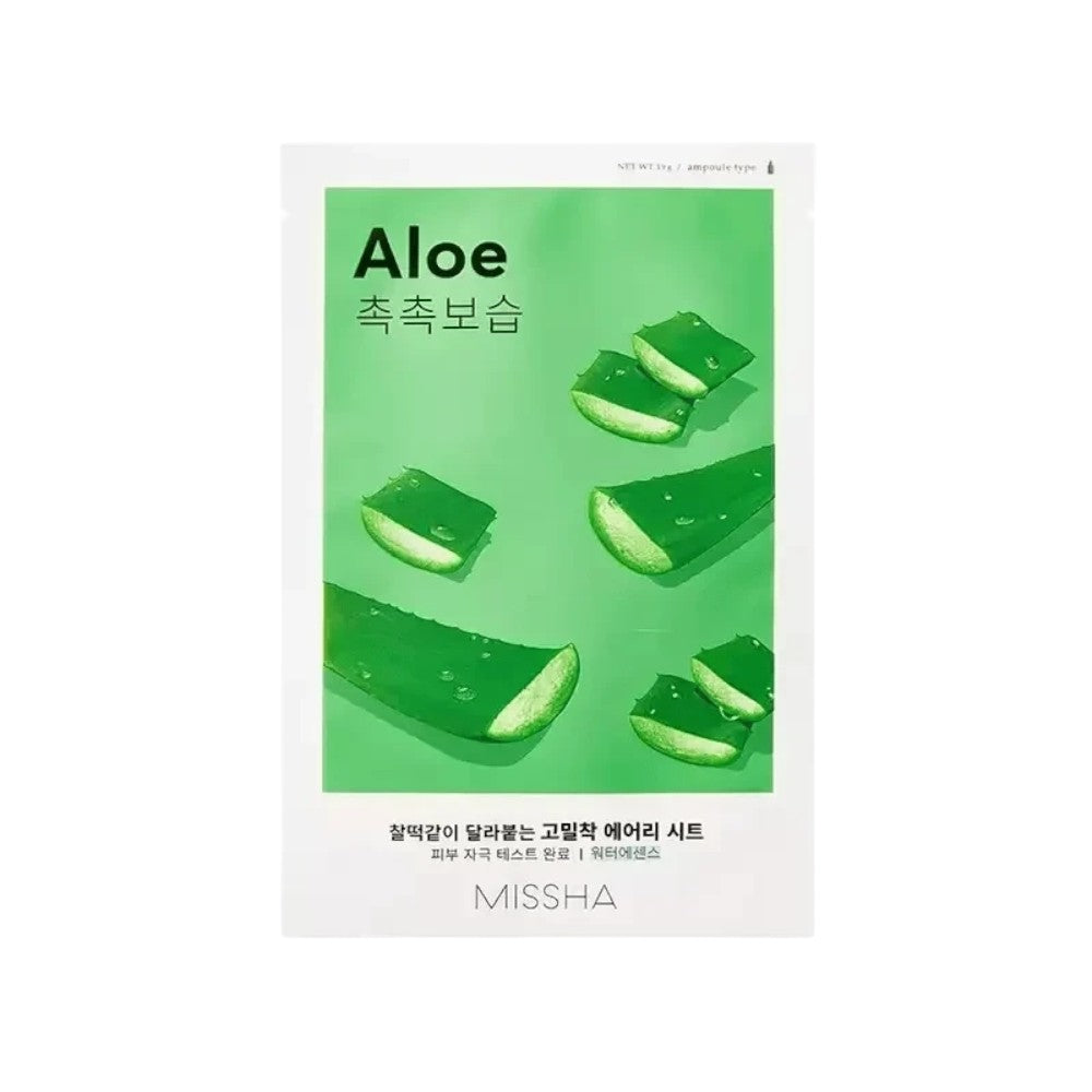 Skin TOGO Missha Airy Fit Aloe sheet mask packaging with green aloe vera slices on a white background