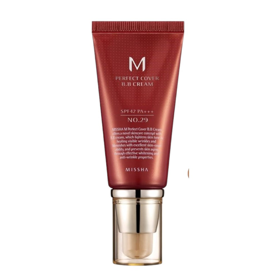 Skin TOGO Missha M Perfect Cover BB Cream in shade 29 Caramel Beige with a swatch showing the warm tone.