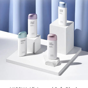 Skin TOGO MISSHA All Around Safe Block sun milk collection featuring four different waterproof sunscreen bottles.