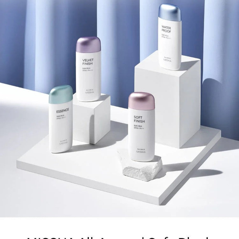 Skin TOGO MISSHA All Around Safe Block sun milk collection featuring four different waterproof sunscreen bottles.
