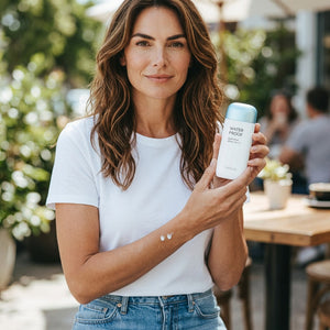 Skin TOGO model holding MISSHA All Around Safe Block Waterproof Sun Milk with a drop of lotion on her arm outdoors