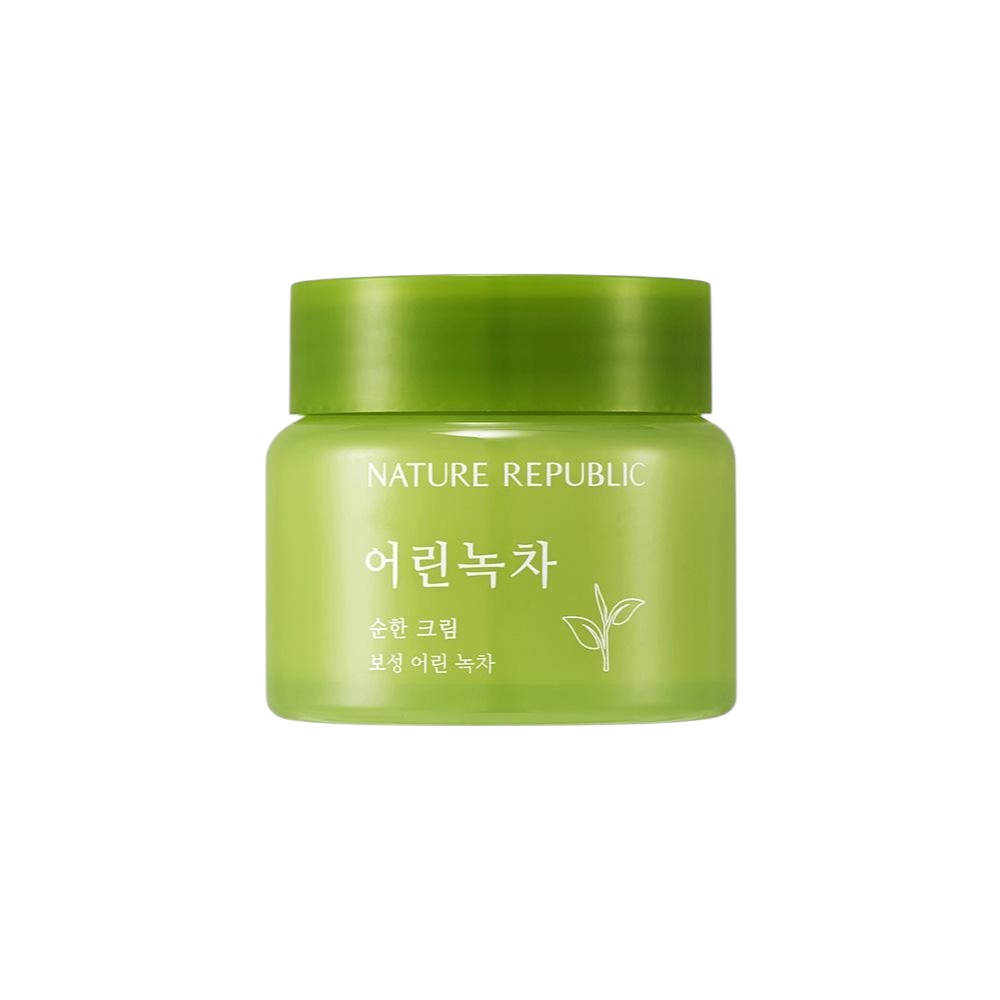 Skin TOGO NATURE REPUBLIC Young Green Tea Mild Cream in a green jar for hydrating and soothing sensitive skin.