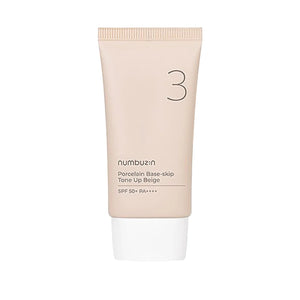 Skin TOGO Numbuzin No.3 Porcelain Base-Skip Tone Up Beige BB cream in a beige tube with SPF 50+ protection.