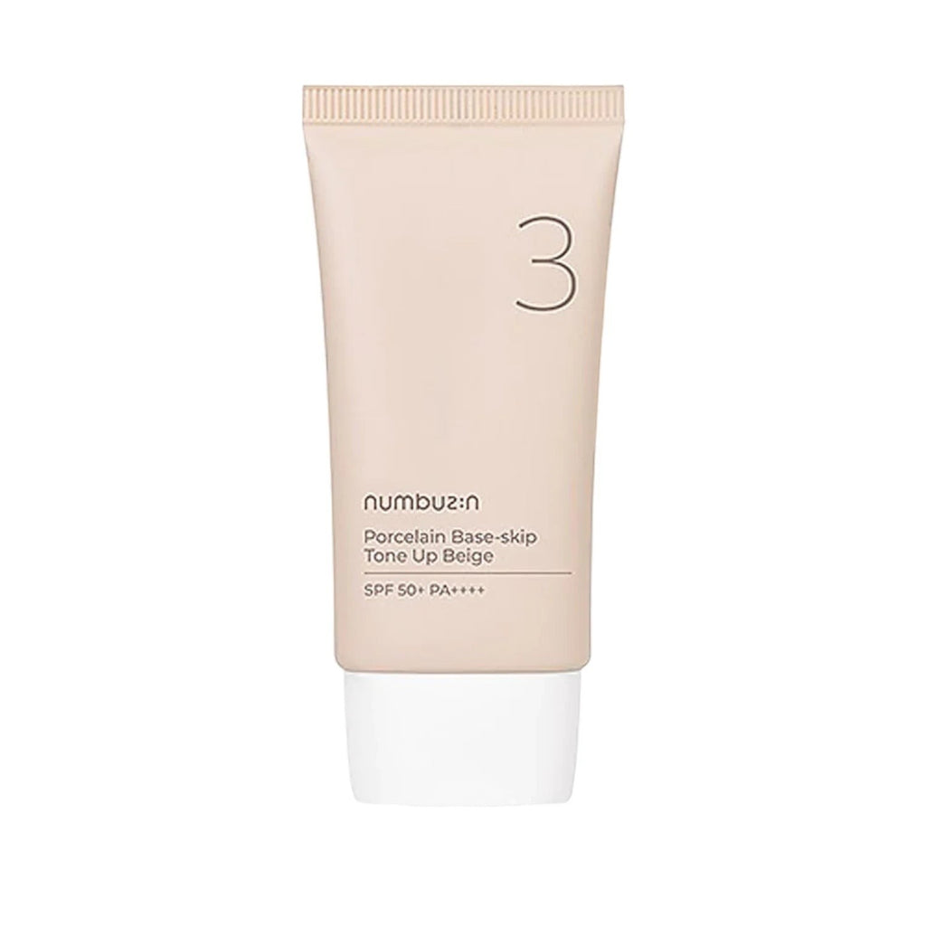 Skin TOGO Numbuzin No.3 Porcelain Base-Skip Tone Up Beige BB cream in a beige tube with SPF 50+ protection.