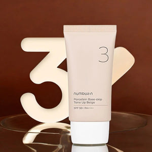Skin TOGO Numbuzin No.3 Porcelain Base-Skip Tone Up Beige BB cream tube with SPF 50+ PA++++ for a radiant finish.