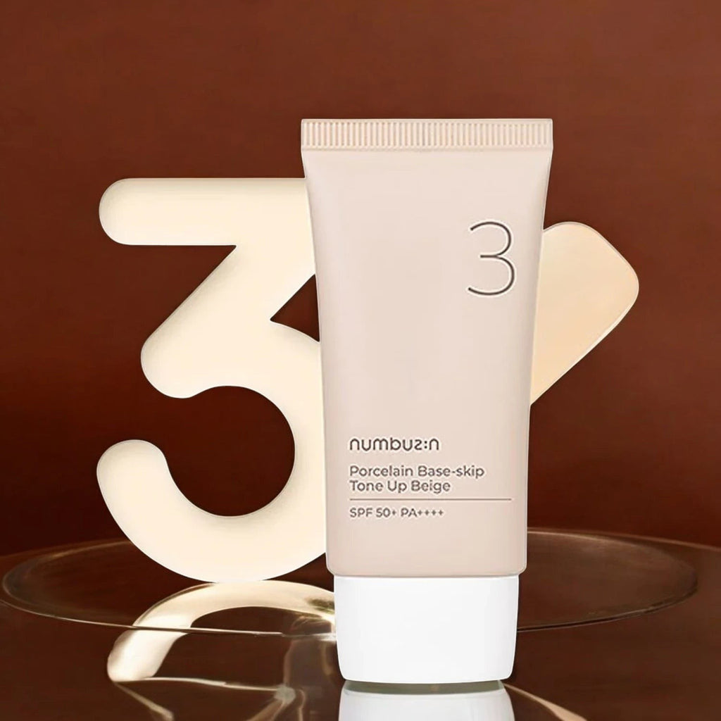 Skin TOGO Numbuzin No.3 Porcelain Base-Skip Tone Up Beige BB cream tube with SPF 50+ PA++++ for a radiant finish.