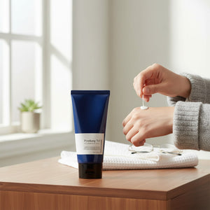 Skin TOGO Pyunkang Yul ATO Cream Blue Label being applied to hand, showing rich white texture for sensitive skin.