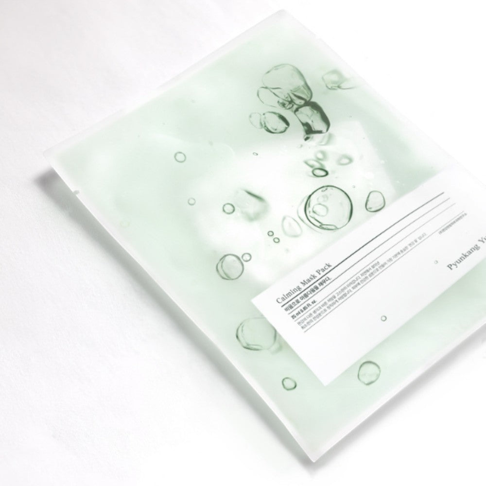 Skin TOGO Pyunkang Yul Calming Mask Sheet in a light green minimalist packaging with bubble graphics