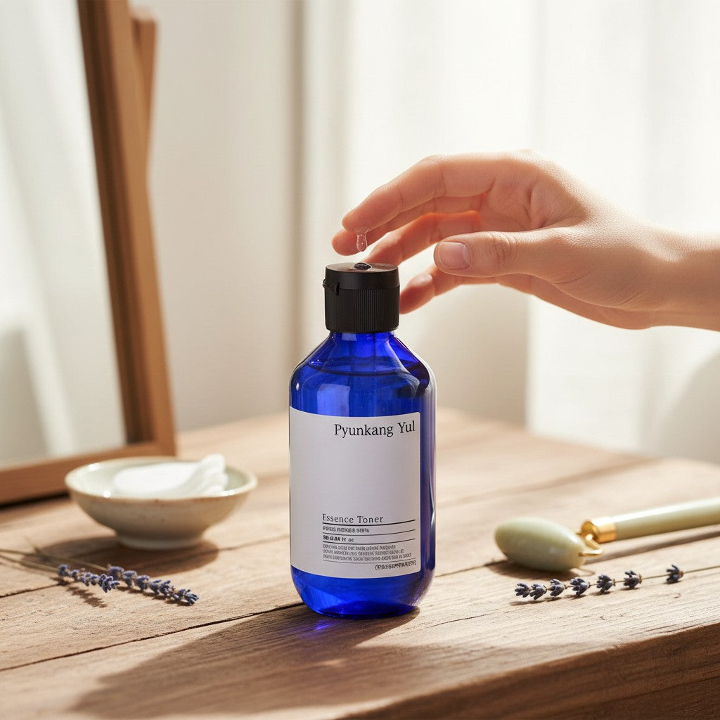 Skin TOGO Pyunkang Yul Essence Toner in a blue bottle with a hand dispensing the clear liquid on a wooden table.