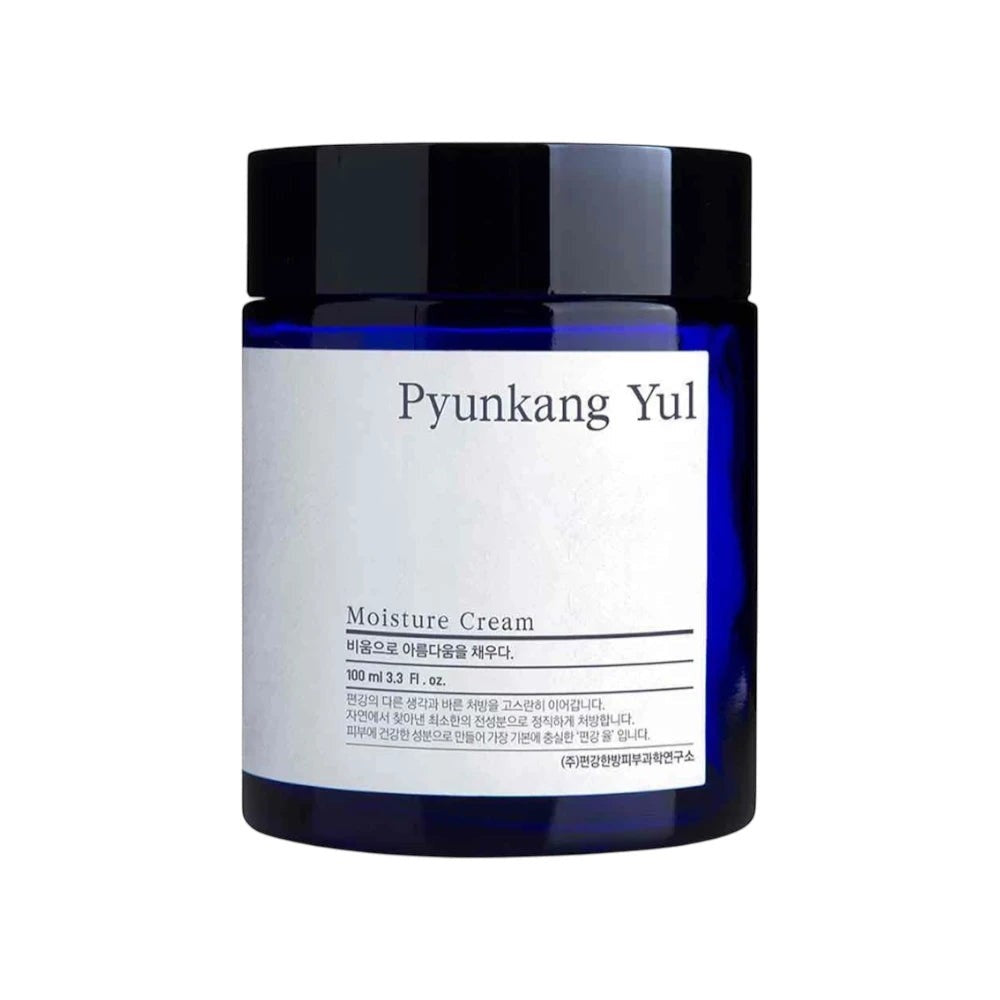 Skin TOGO Pyunkang Yul Moisture Cream in a blue glass jar with minimalist white label for sensitive skin.