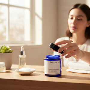 Skin TOGO Pyunkang Yul Moisture Cream in a blue glass jar being opened by a woman in a bright, minimalist room.