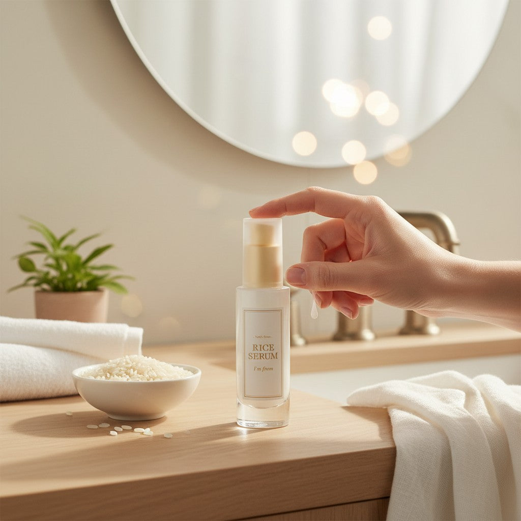 Skin TOGO I'm from Rice Serum in a clear glass bottle with a pump, held by a hand on a wooden bathroom counter.