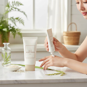 Skin TOGO I'm from Rice Sunscreen SPF50+ tube with creamy texture being applied to hand in a bright, natural setting.