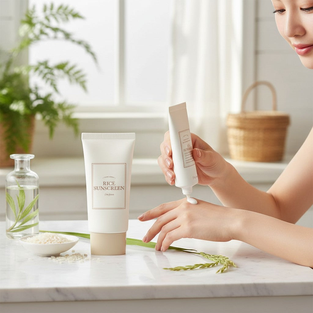 Skin TOGO I'm from Rice Sunscreen SPF50+ tube with creamy texture being applied to hand in a bright, natural setting.