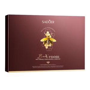 Skin TOGO Sadoer Bee-Venom Nourish Set 6 in a premium burgundy box with gold bee emblem for anti-aging skincare.