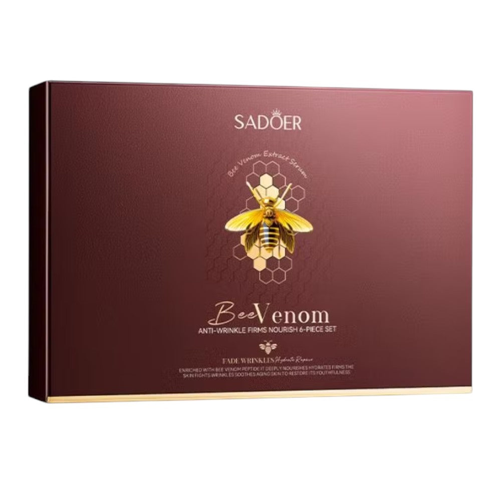 Skin TOGO Sadoer Bee-Venom Nourish Set 6 in a premium burgundy box with gold bee emblem for anti-aging skincare.