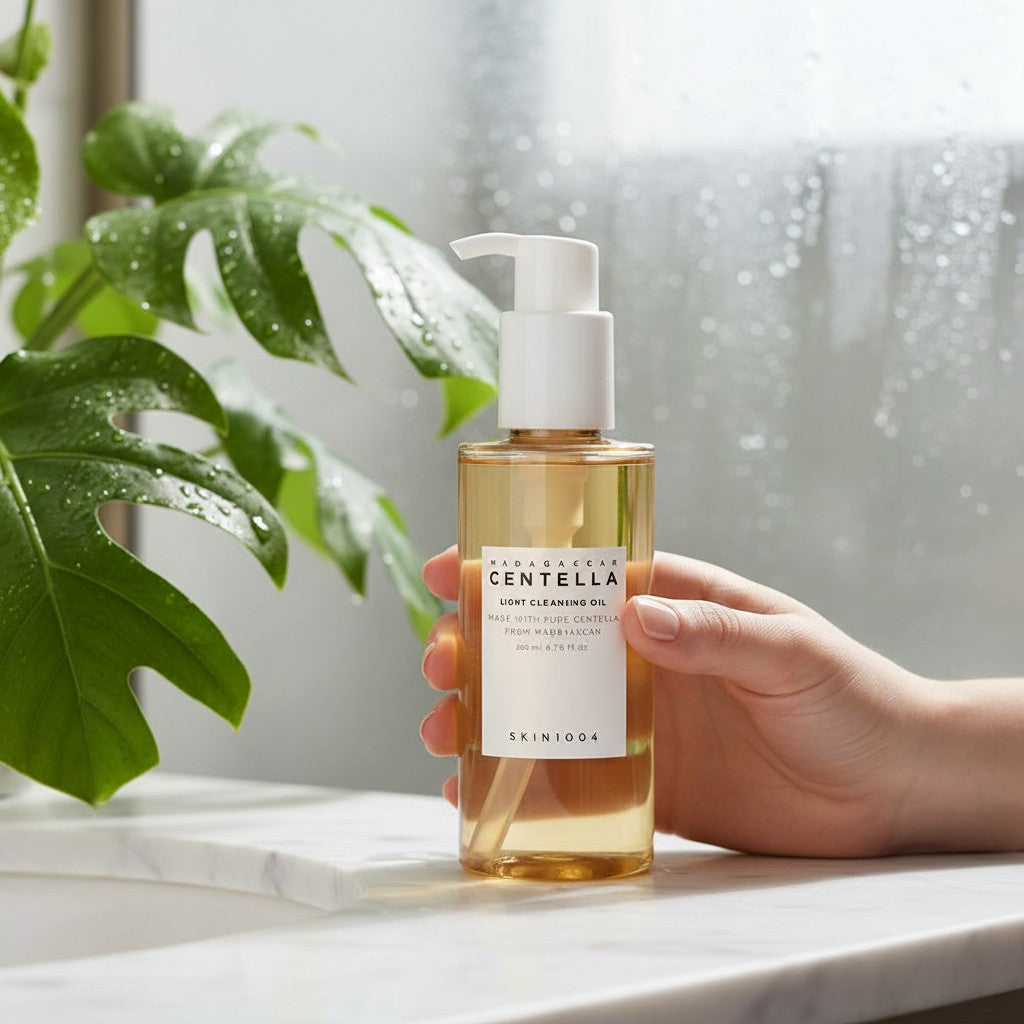 Skin TOGO SKIN1004 Madagascar Centella Light Cleansing Oil in a clear pump bottle held by a hand near a green plant.