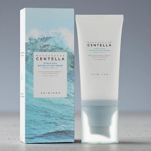 Skin TOGO SKIN1004 Madagascar Centella Hyalu-Cica Water-Fit Sun Serum SPF50+ tube and its blue ocean-themed box.