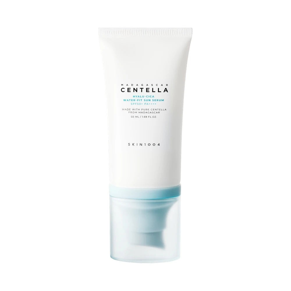 Skin TOGO SKIN1004 Madagascar Centella Hyalu-Cica Water-Fit Sun Serum in a white 50ml tube with a light blue cap.