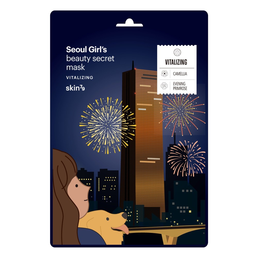 Skin TOGO Skin79 Seoul Girl's Beauty Secret Vitalizing sheet mask packaging with a night city and fireworks design.