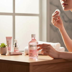 Skin TOGO SNP Prep Peptaronic Toner in a clear 320ml bottle with pink liquid, used by a woman with a cotton pad.