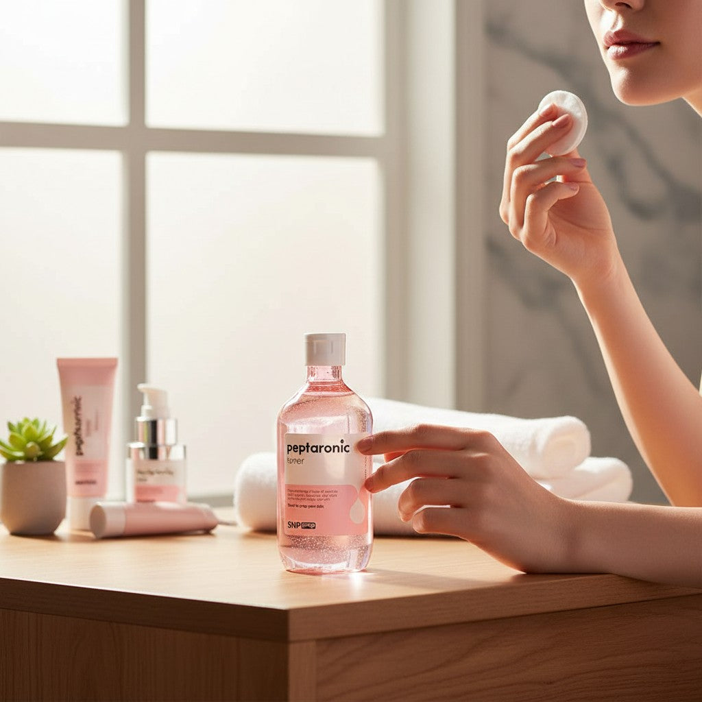 Skin TOGO SNP Prep Peptaronic Toner in a clear 320ml bottle with pink liquid, used by a woman with a cotton pad.