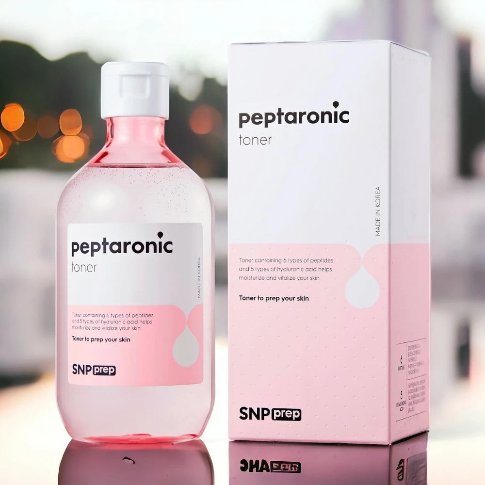 Skin TOGO SNP Prep Peptaronic Toner in a 320ml pink bottle with its matching white and pink product box.