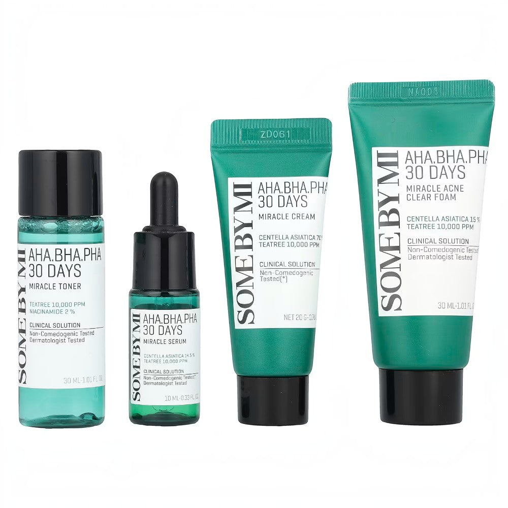 Skin TOGO Some By Mi AHA BHA PHA 30 Days Miracle AC SOS Kit featuring four green skincare products for acne-prone skin