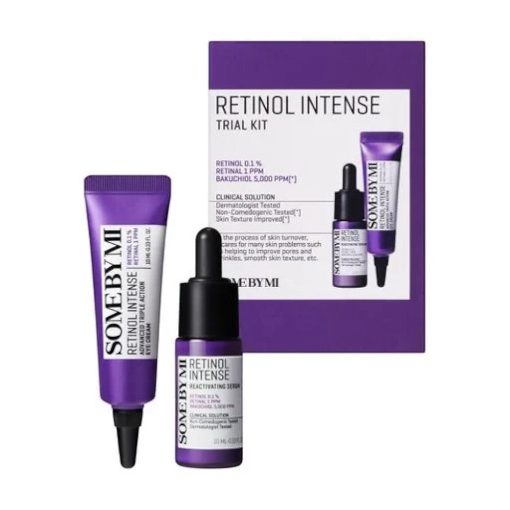 Skin TOGO Some By Mi Retinol Intense Trial Kit featuring a purple eye cream tube and a serum bottle with packaging.