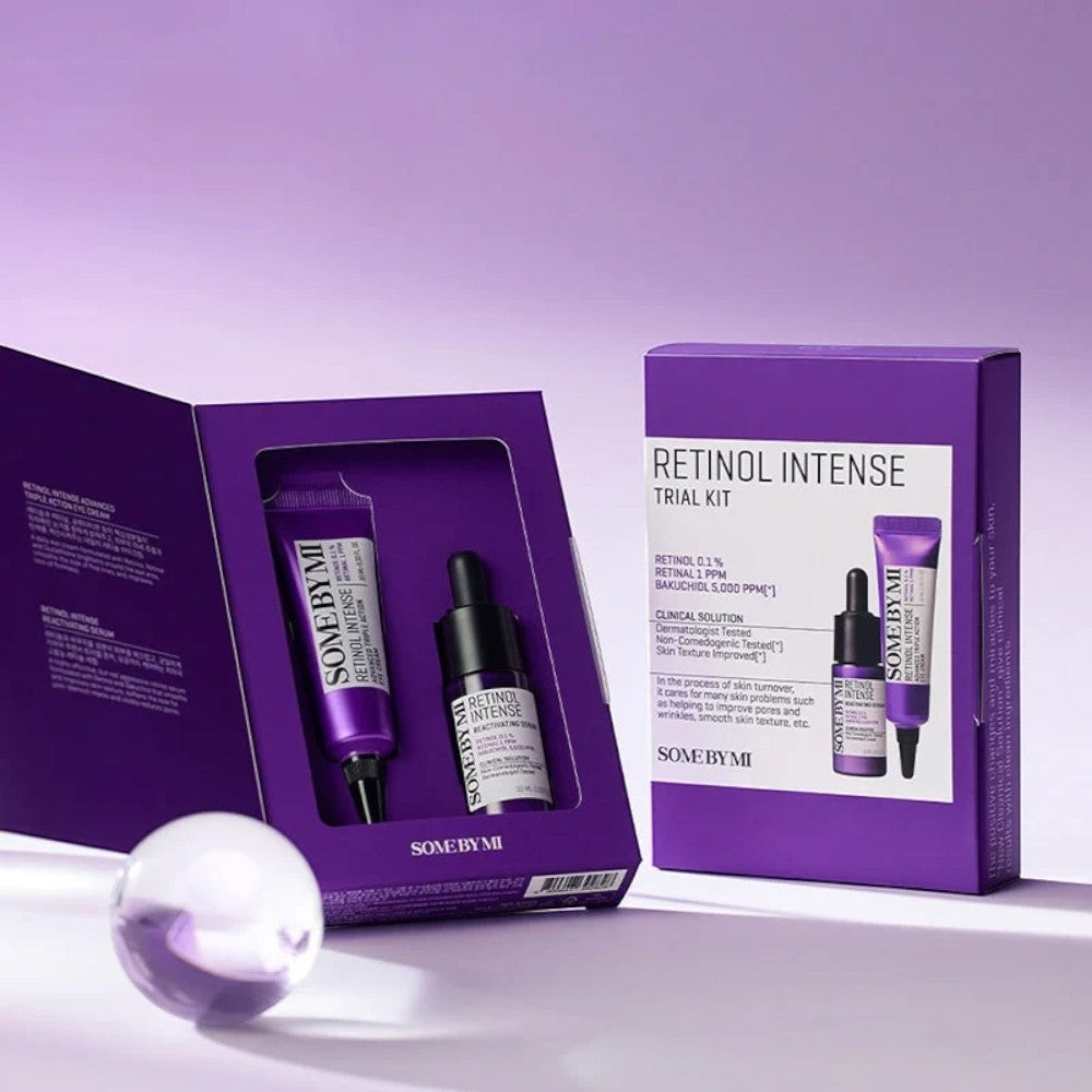 Skin TOGO Some By Mi Retinol Intense Trial Kit featuring a purple box, eye cream tube, and serum bottle on a surface.
