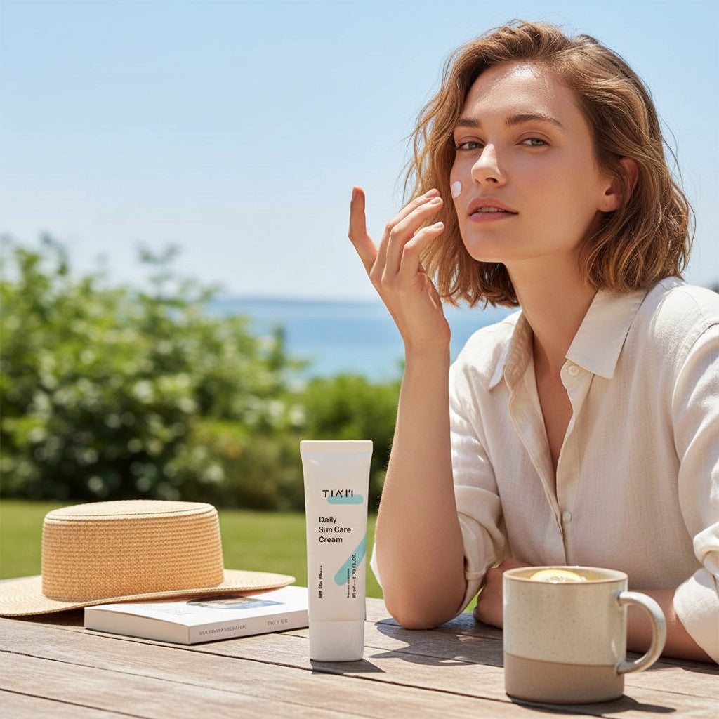 Skin TOGO model applying TIAM Daily Sun Care Cream SPF50+ outdoors on a sunny day with a straw hat and coffee mug.