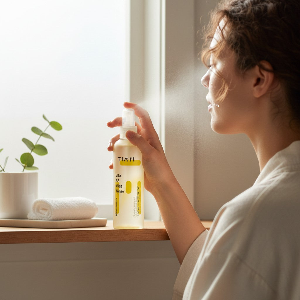 Skin TOGO woman spraying TIAM Vita B3 Mist Toner on her face for a refreshing skincare routine