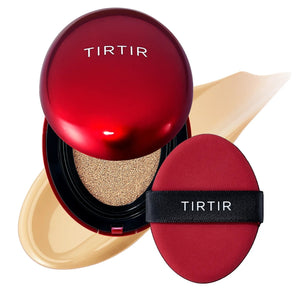 Skin TOGO TIRTIR Mask Fit Red Cushion in shade 22W with a glossy red compact, applicator puff, and foundation swatch.