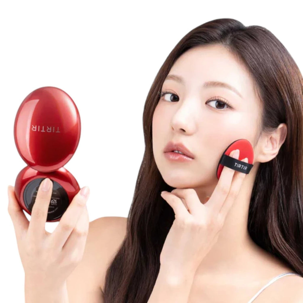Skin TOGO model applying TIRTIR Mask Fit Red Cushion foundation in shade 22W with a red applicator puff
