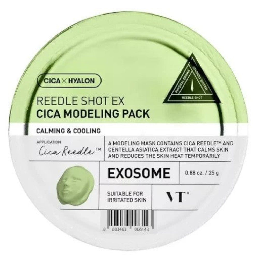 Skin TOGO VT Cosmetics Reedle Shot EX Cica Modeling Pack calming and cooling alginate face mask in a green container.