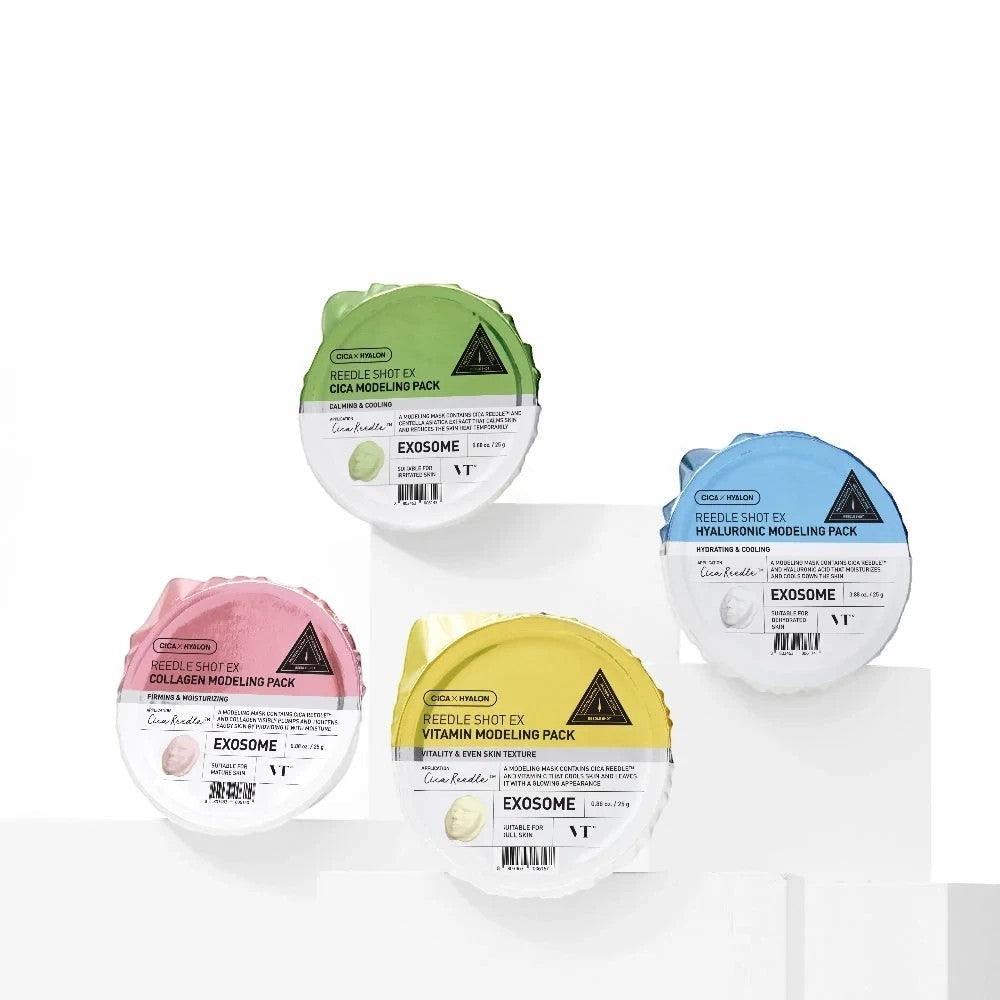 Skin TOGO VT Cosmetics Reedle Shot EX modeling mask collection featuring various Cica and vitamin formulas in small cups
