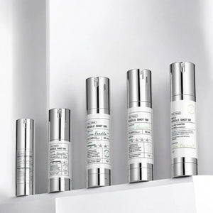 Skin TOGO collection of VT Cosmetics Reedle Shot serum bottles in various concentrations on a white shelf.