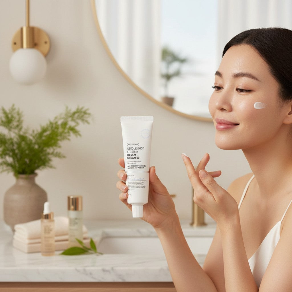 Skin TOGO model applying VT Cosmetics Reedle Shot Synergy Repair Cream to her face in a bright bathroom setting.