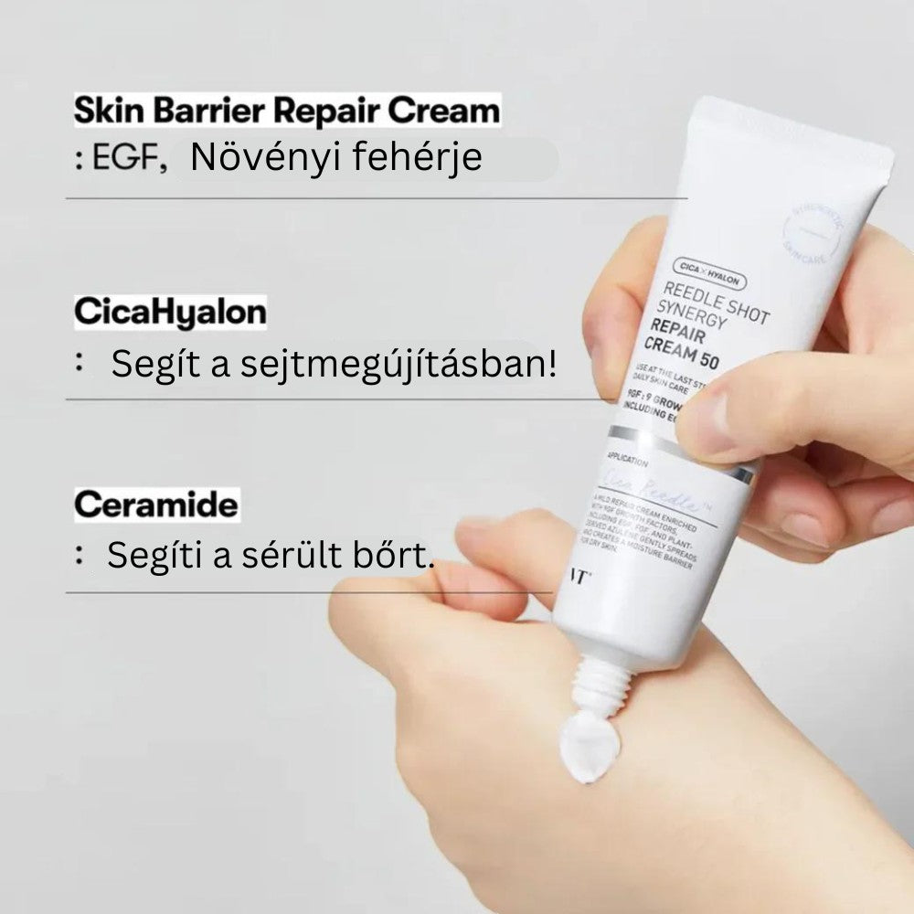 Skin TOGO VT Cosmetics Reedle Shot Synergy Repair Cream being applied to hand, showing white texture and packaging.
