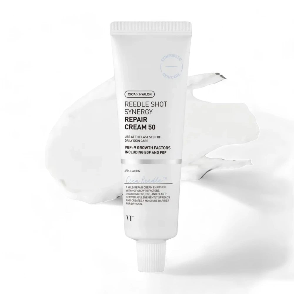 Skin TOGO VT Cosmetics Reedle Shot Synergy Repair Cream in a white tube with a swatch of rich white facial cream.